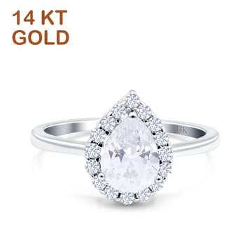 14K White Gold Teardrop Halo Art Deco Pear Ring Simulated Cubic Zirconia Wedding Engagement Ring